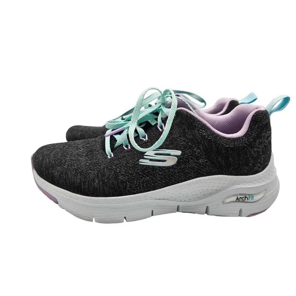 Skechers Women's Arch Fit Comfy Wave‎ Gray Purple Blue Laces Size 7